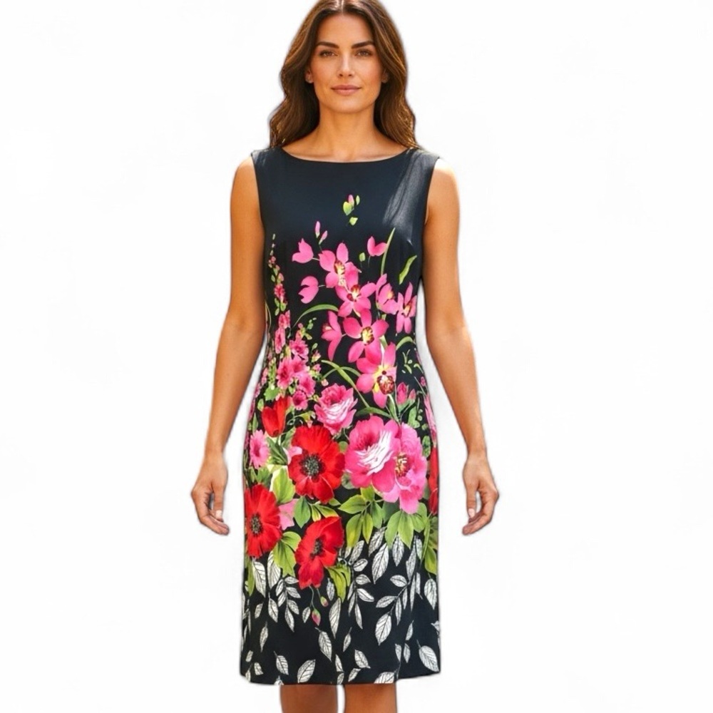 Connected Apparel Black Floral Dress Women’s 10 Sleeveless Red Pink